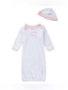 “Thank Heaven for Little Girls” White Baby Gown with Pink Trim and Hat